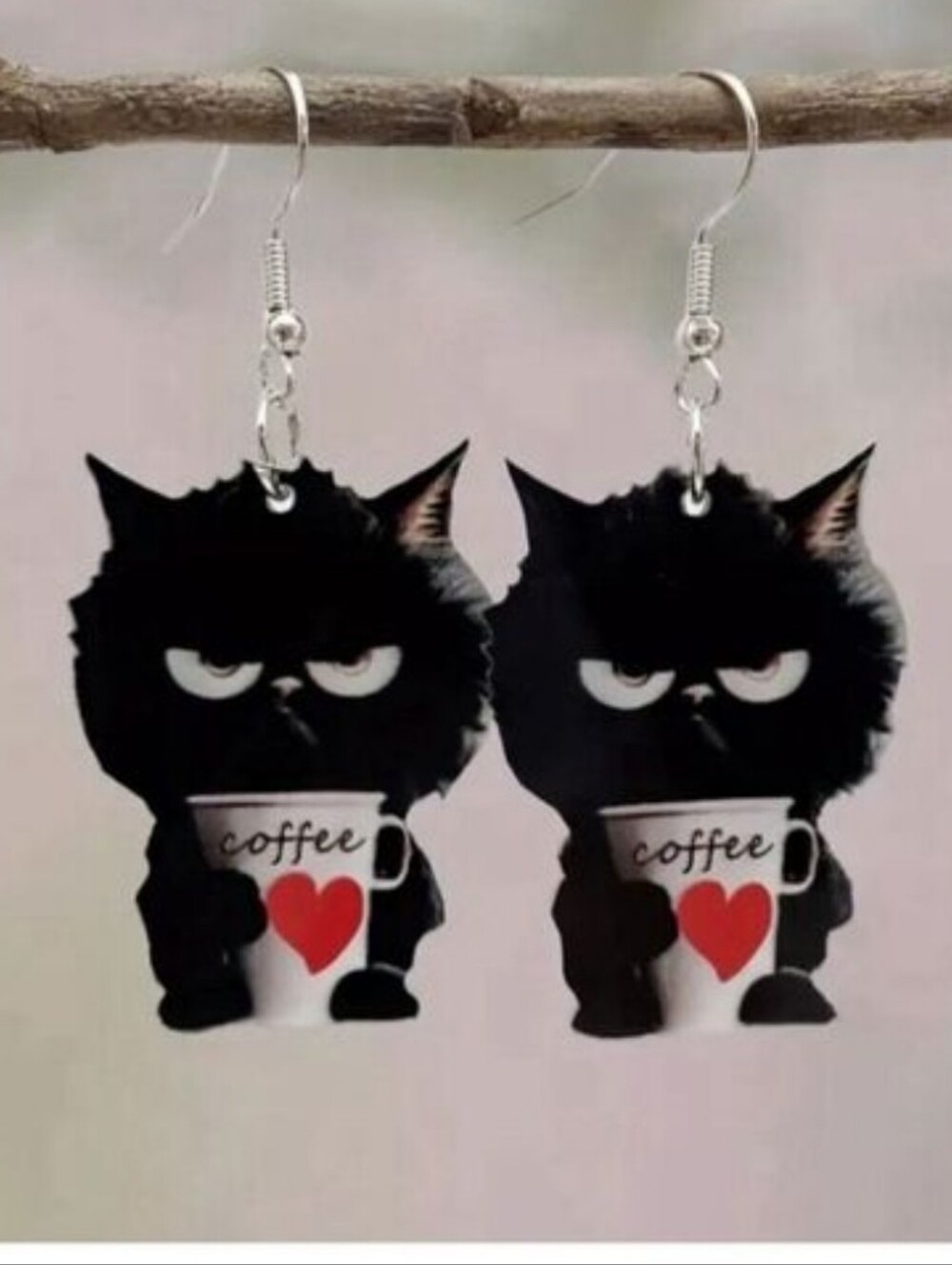 Black cat holding a coffee dangle earrings